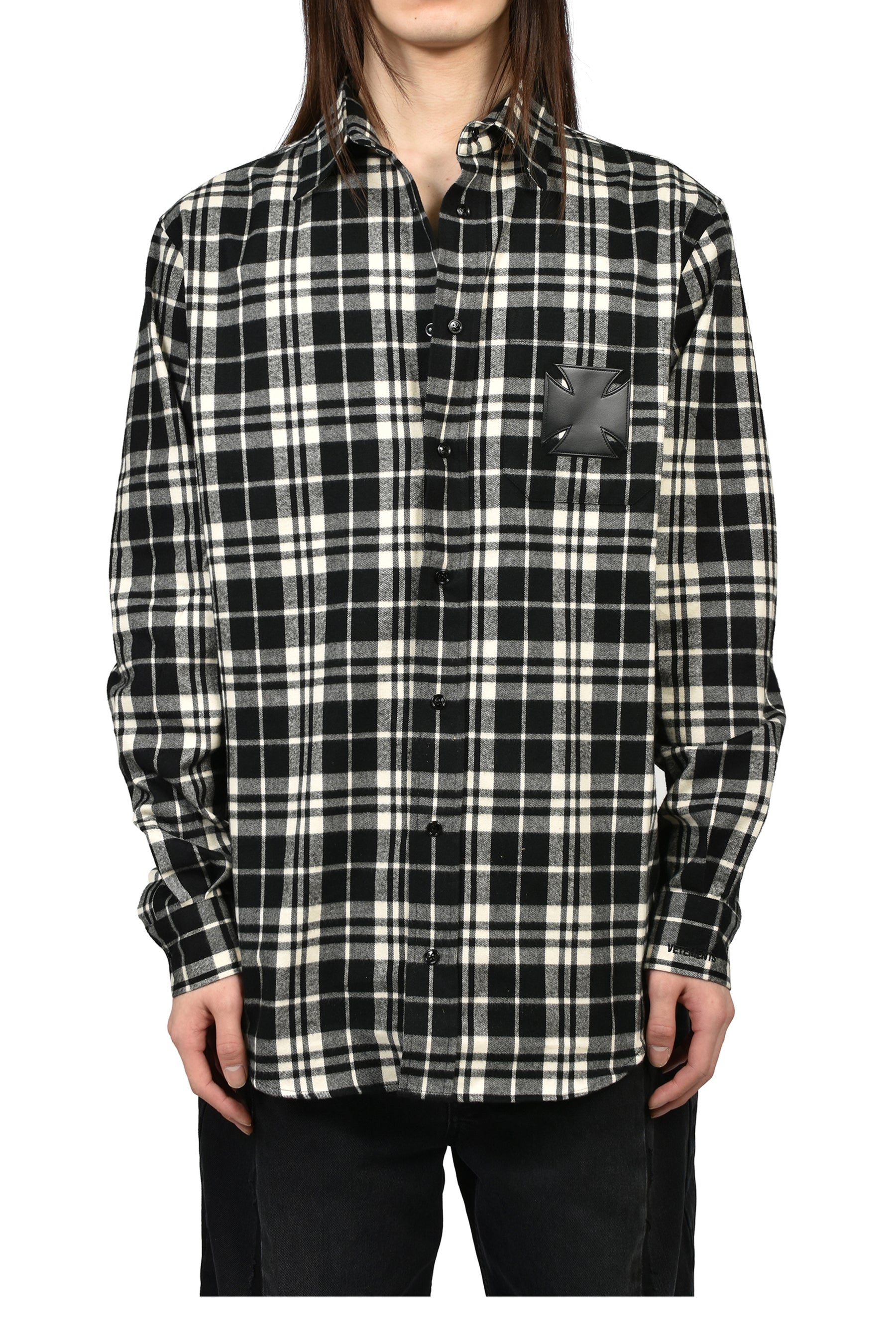 LEATHER CROSS FLANNEL SHIRT / BLK CRM CHECK