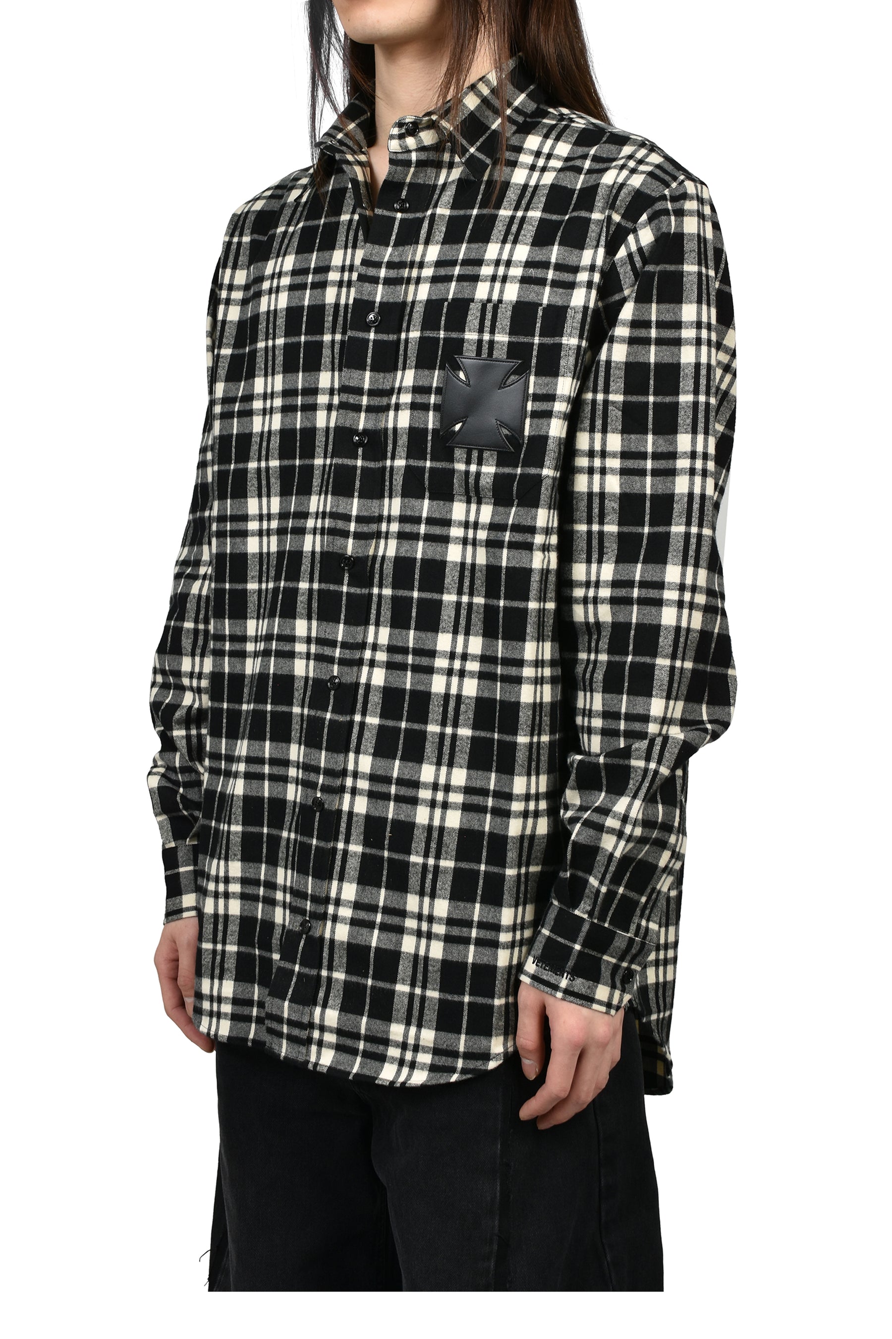 LEATHER CROSS FLANNEL SHIRT / BLK CRM CHECK