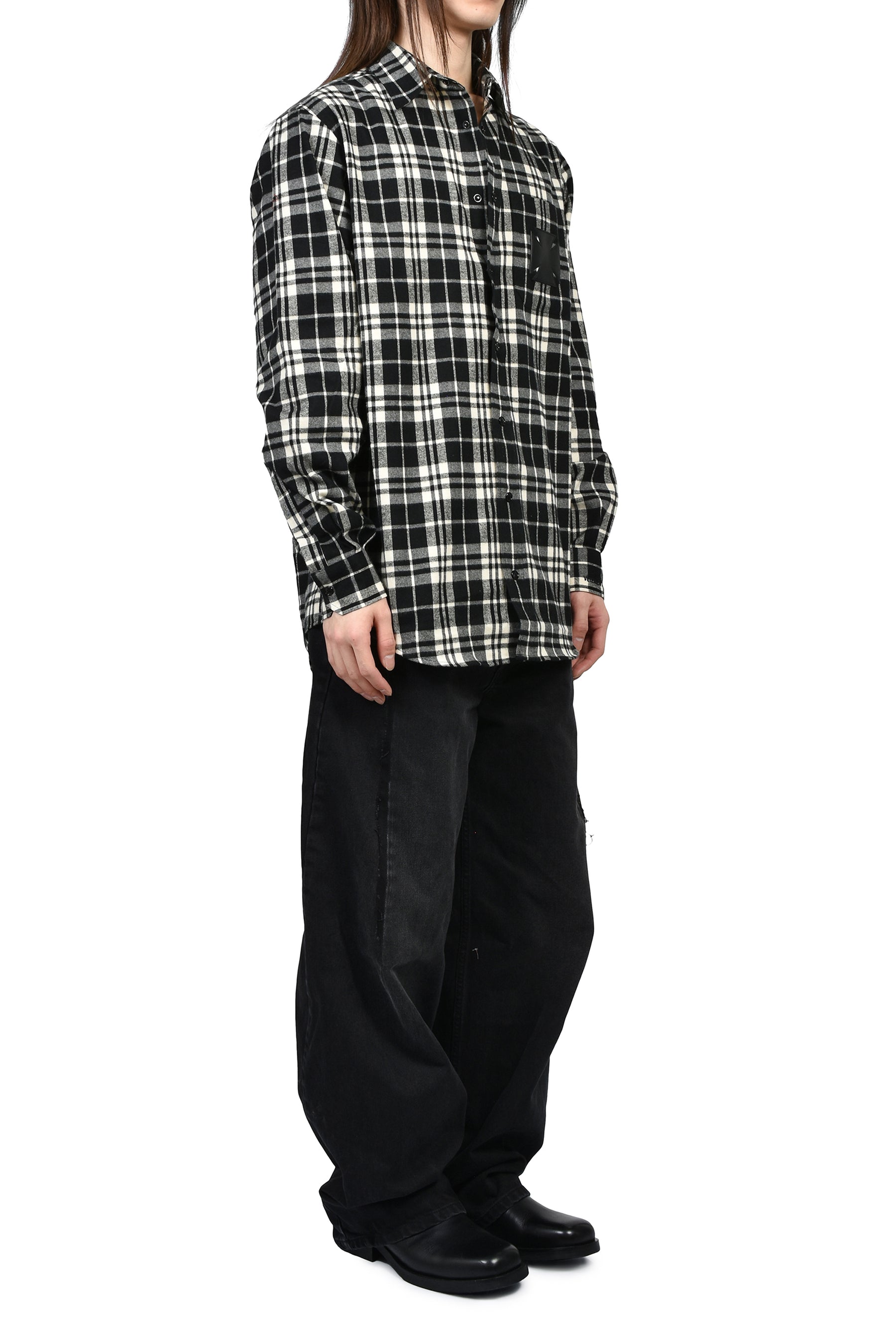 LEATHER CROSS FLANNEL SHIRT / BLK CRM CHECK
