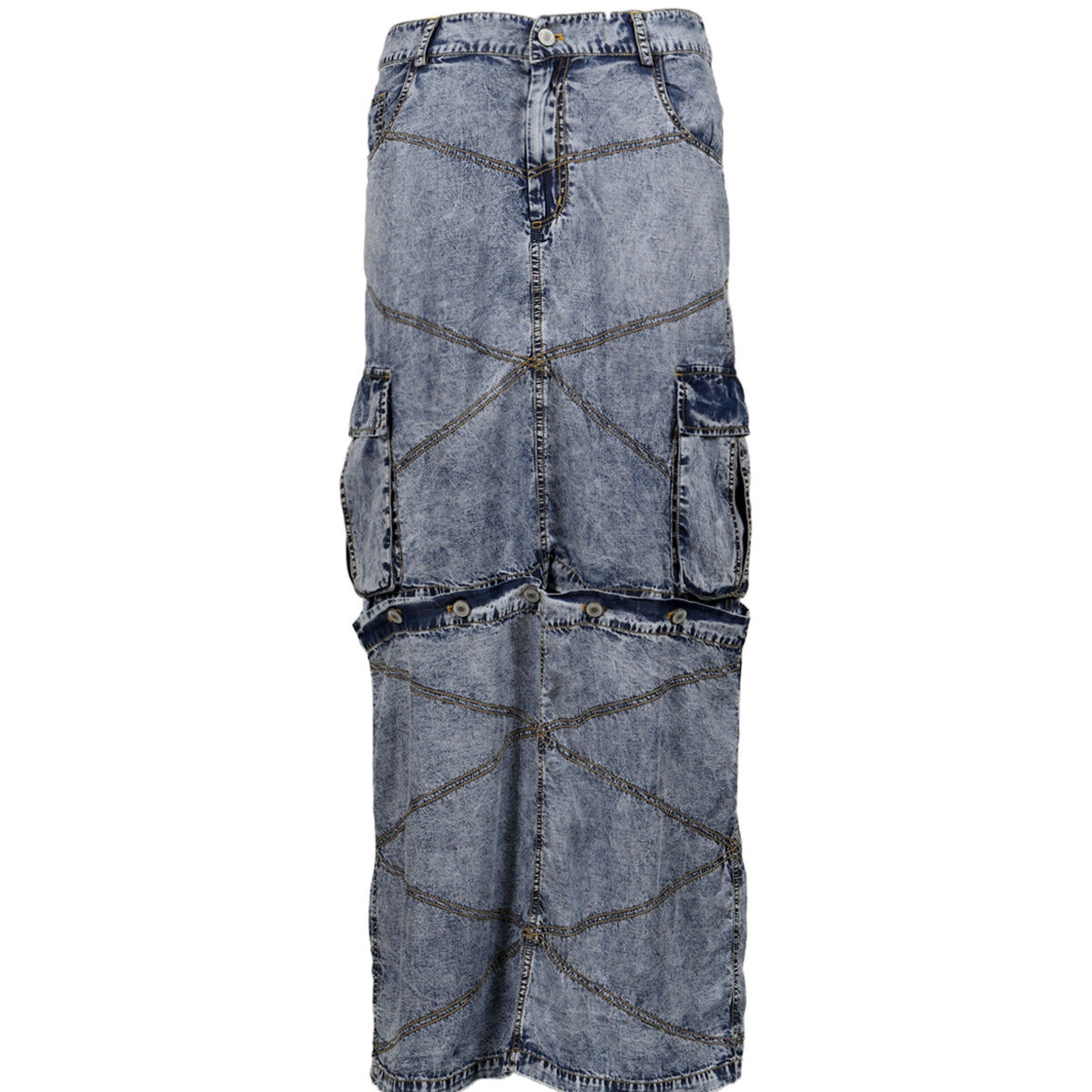 YUEQI QI❤️DENIM SUAN PAN SKIRT BLU YUEQI QI ユェチ チ SS25 STONEWASHED CONVERTIBLE SKIRT / BLU - NUBIAN