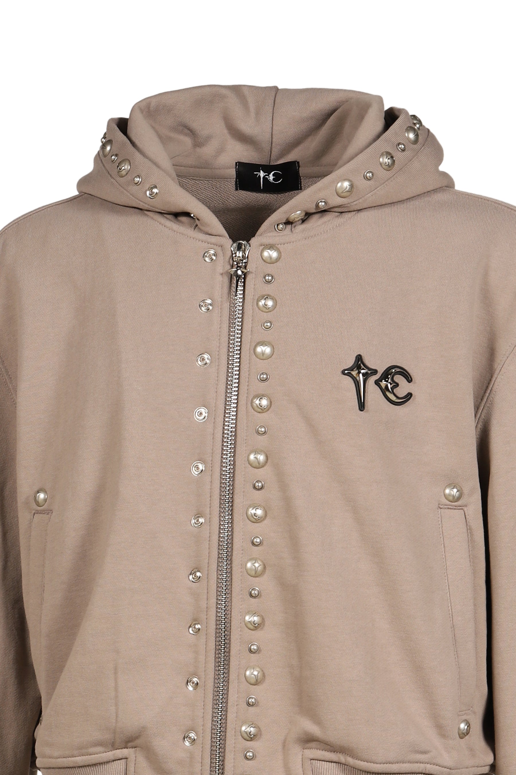 TC STUDDED LINE CROPPED ZIP-UP HOODIE / BEIGE