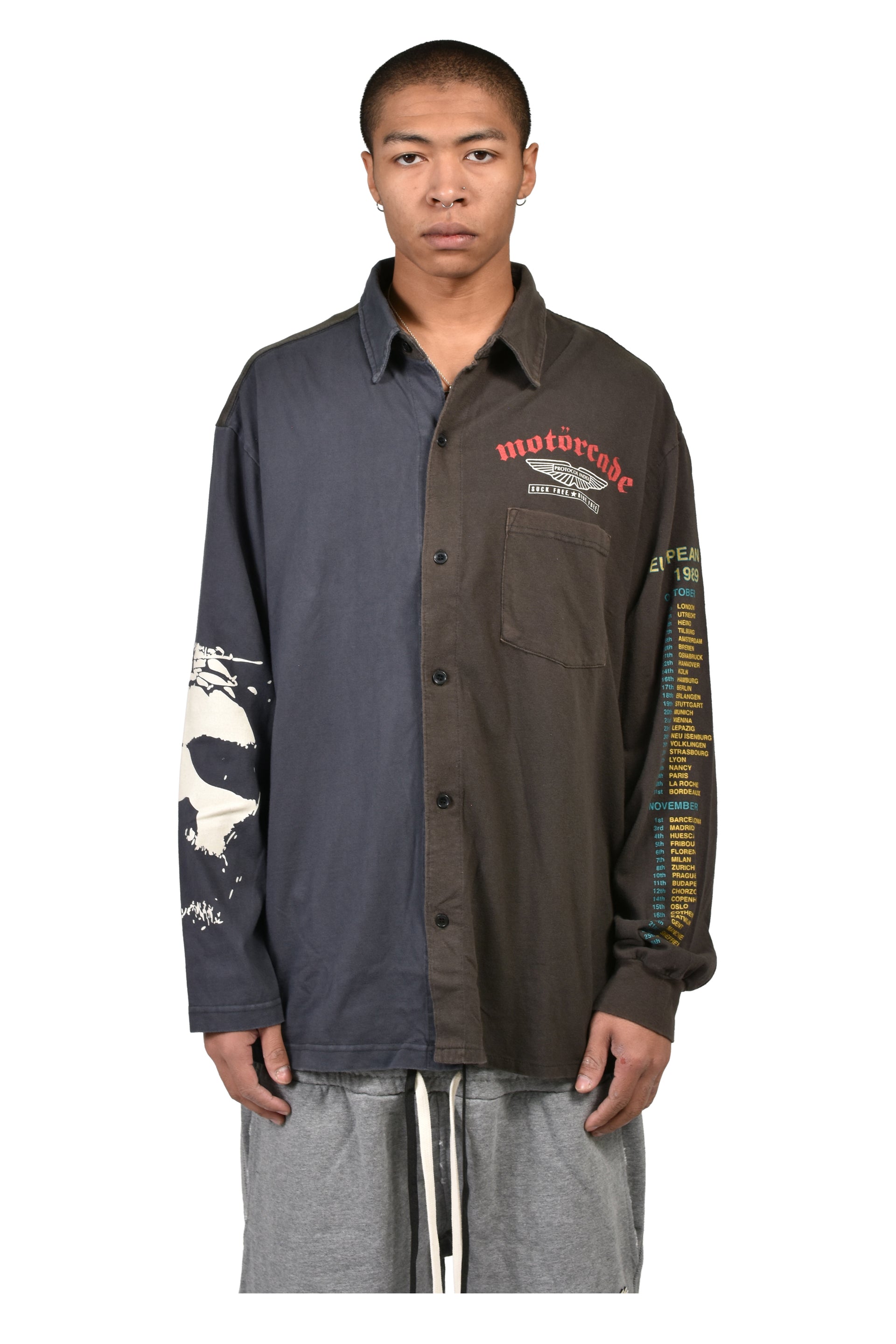 PANELED JERSEY BUTTON-UP SHIRT / BLK