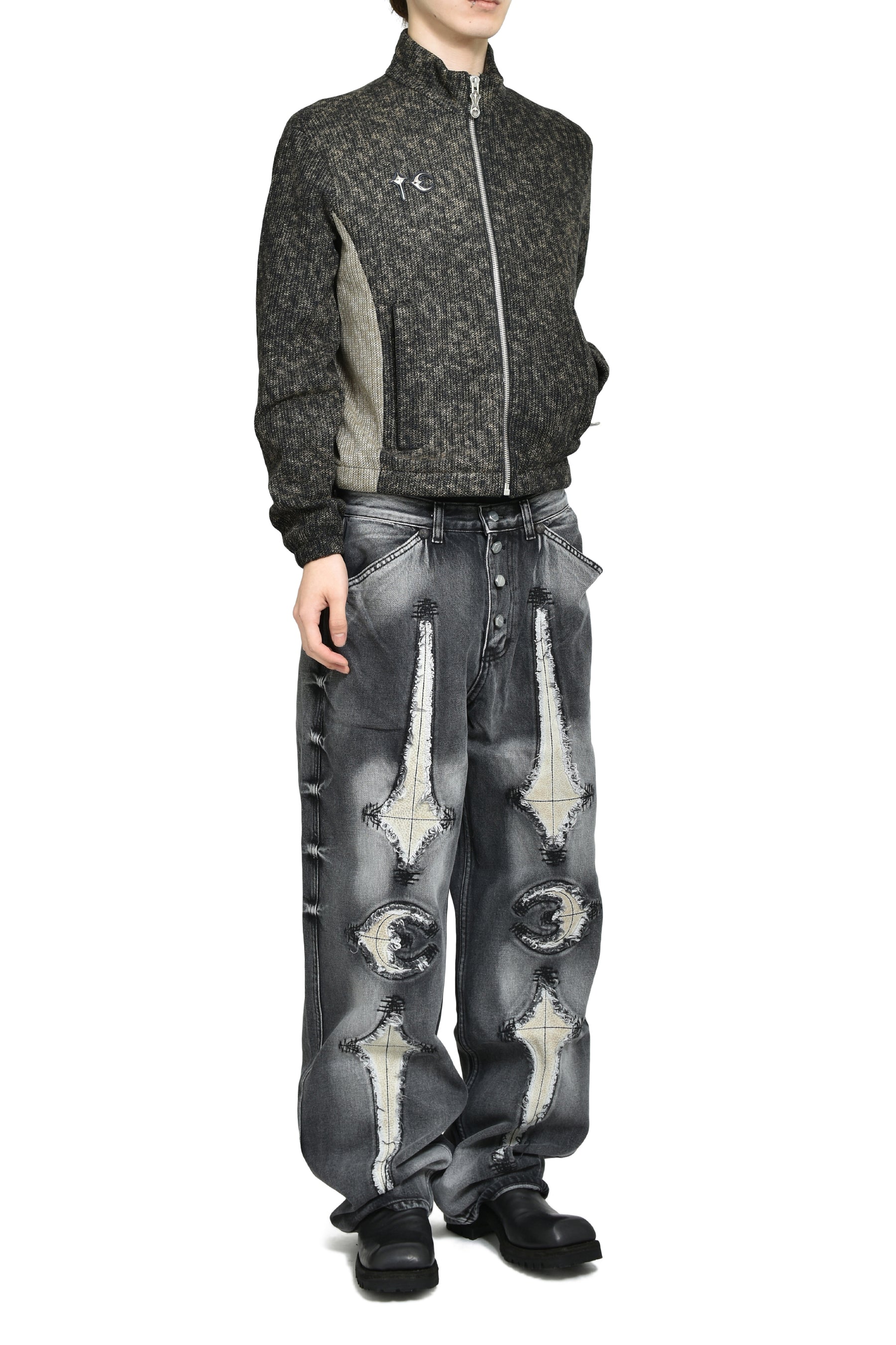 TC BONE LEATHER DENIM PANTS / BLK 