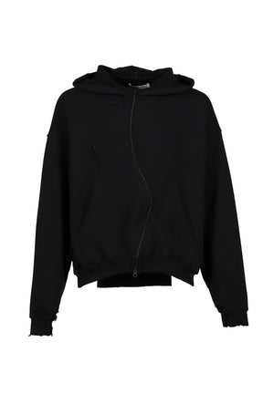 FFFPOSTALSERVICE SS25 CURVED ZIP-UP ROUND HEM HOODIE DAMAGED / BLK