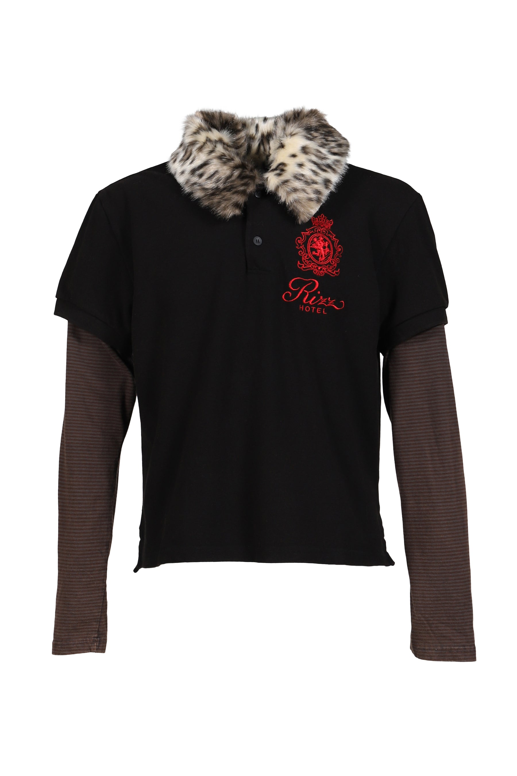 FUR COLLAR LAYERED POLO T SHIRTS / BLK