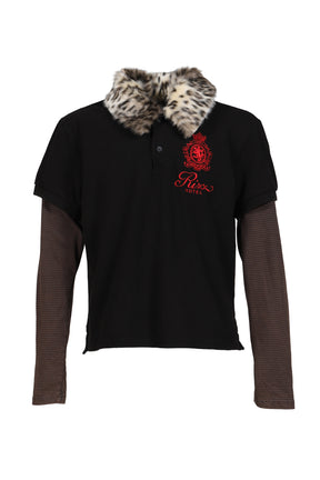 FUR COLLAR LAYERED POLO T SHIRTS / BLK