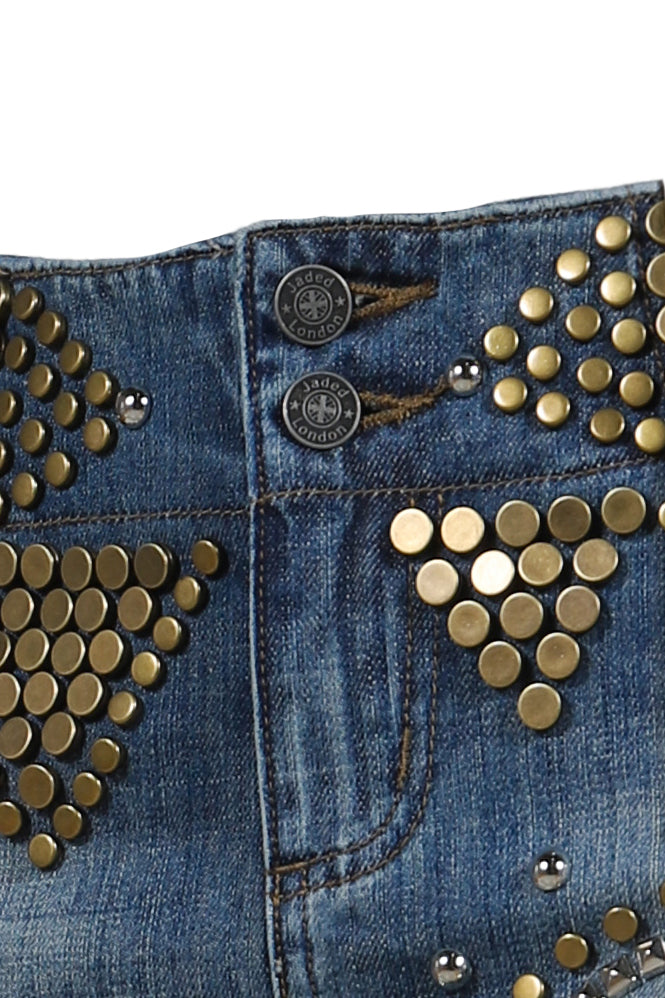 STUDDED DENIM MINI SKIRT  / INDIGO