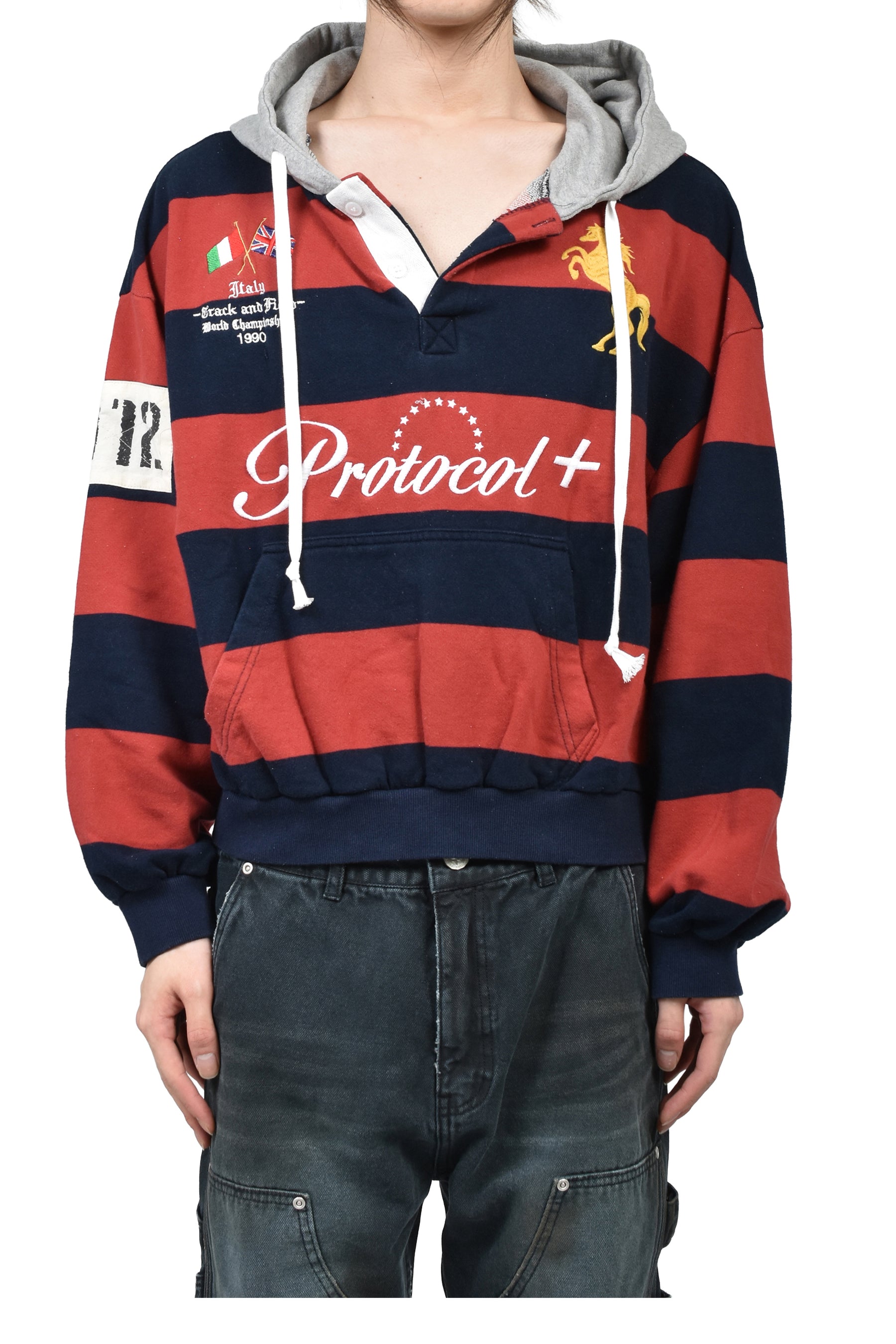 STRIPE POLO HOODIE / RED