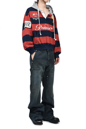 STRIPE POLO HOODIE / RED