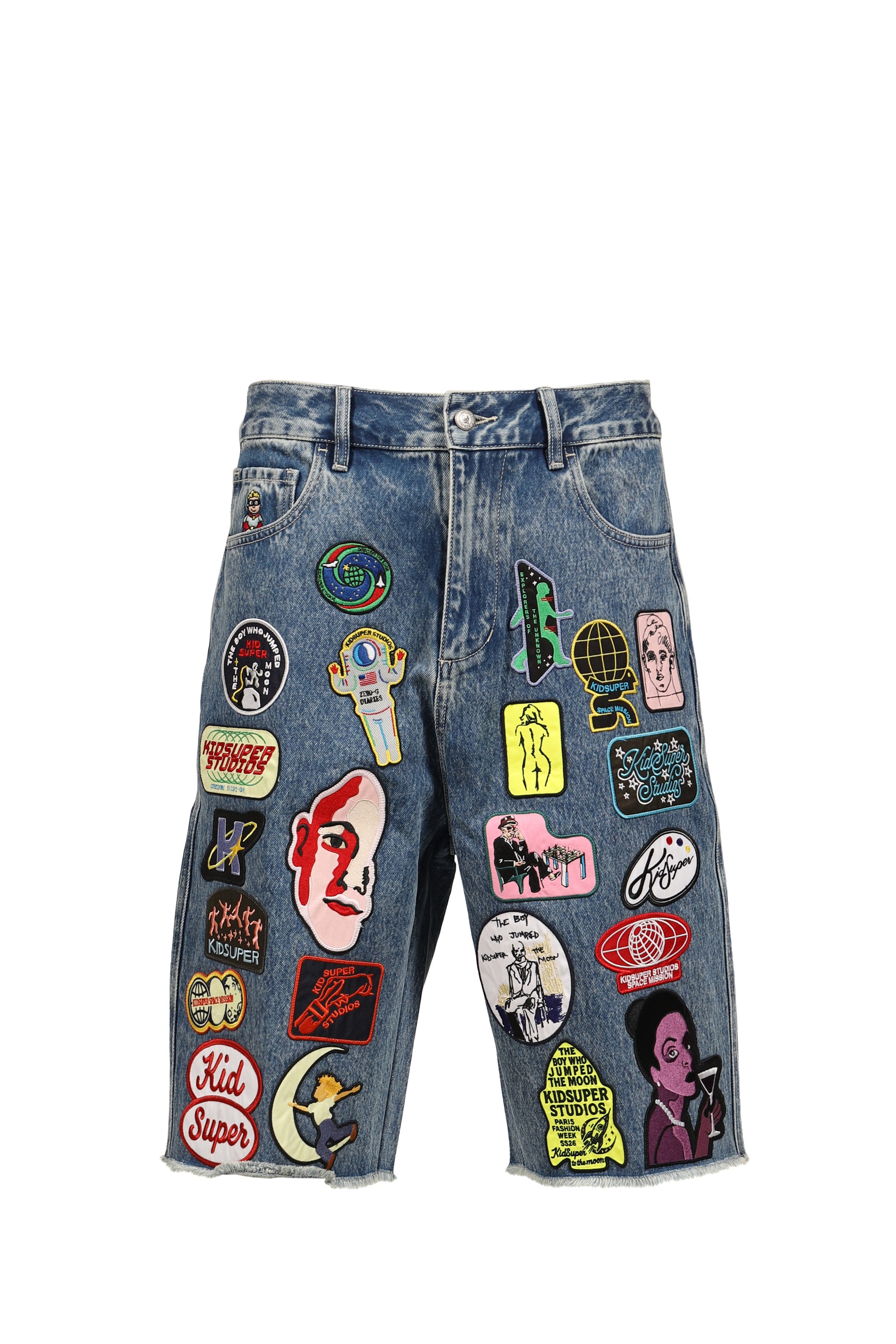 PATCHES DENIM LONG SHORT / WASHED BLU