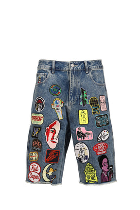 PATCHES DENIM LONG SHORT / WASHED BLU