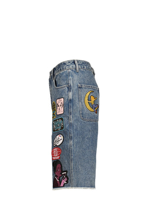 PATCHES DENIM LONG SHORT / WASHED BLU