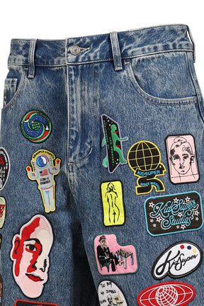 PATCHES DENIM LONG SHORT / WASHED BLU