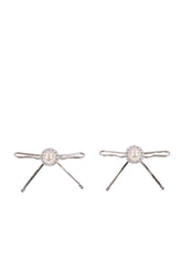 HAIR CLIP PATCHWORK BOW PEARL STUD EARRINGS / WHT