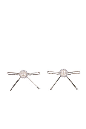 HAIR CLIP PATCHWORK BOW PEARL STUD EARRINGS / WHT