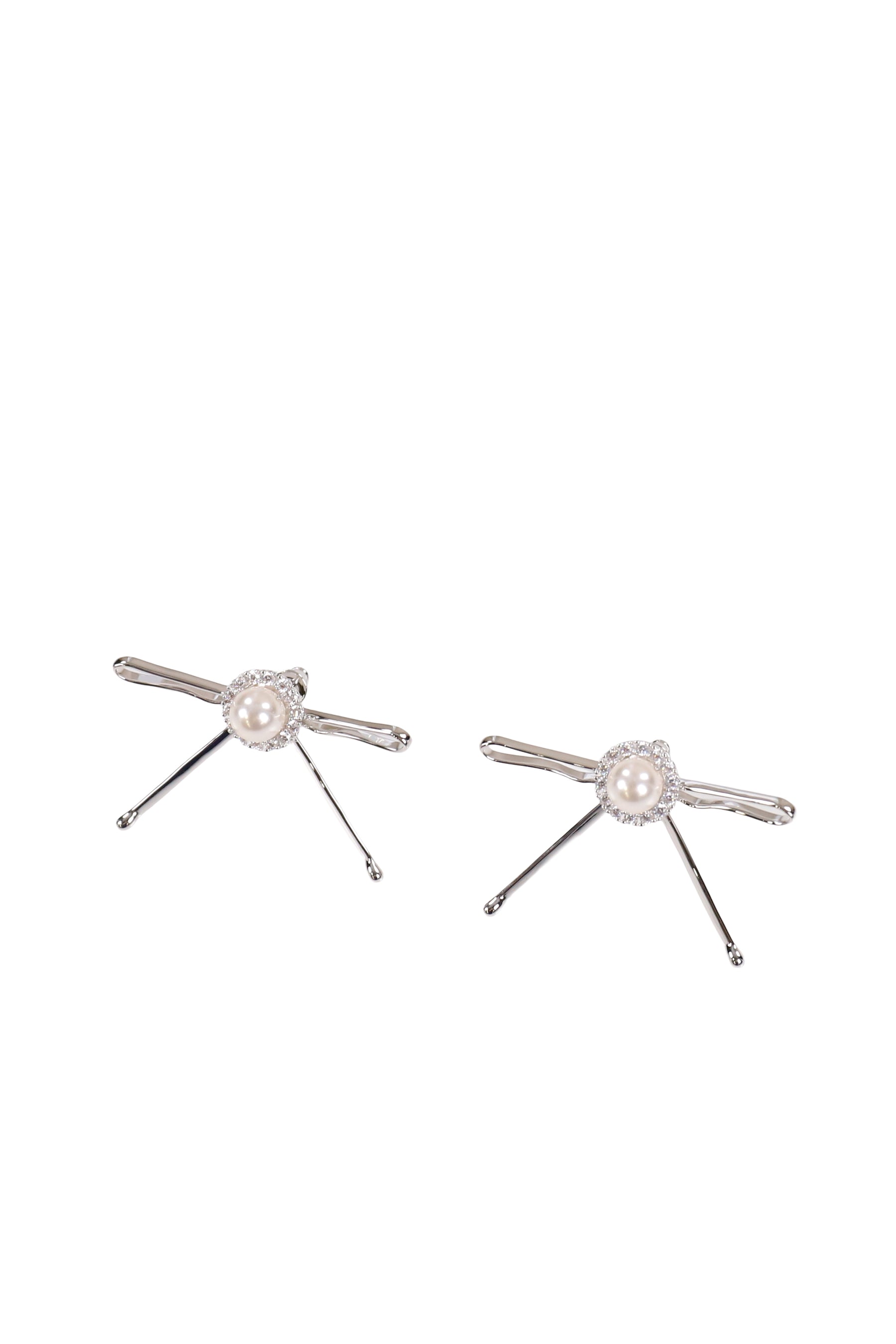 HAIR CLIP PATCHWORK BOW PEARL STUD EARRINGS / WHT