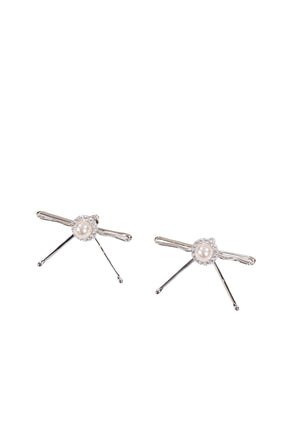 HAIR CLIP PATCHWORK BOW PEARL STUD EARRINGS / WHT