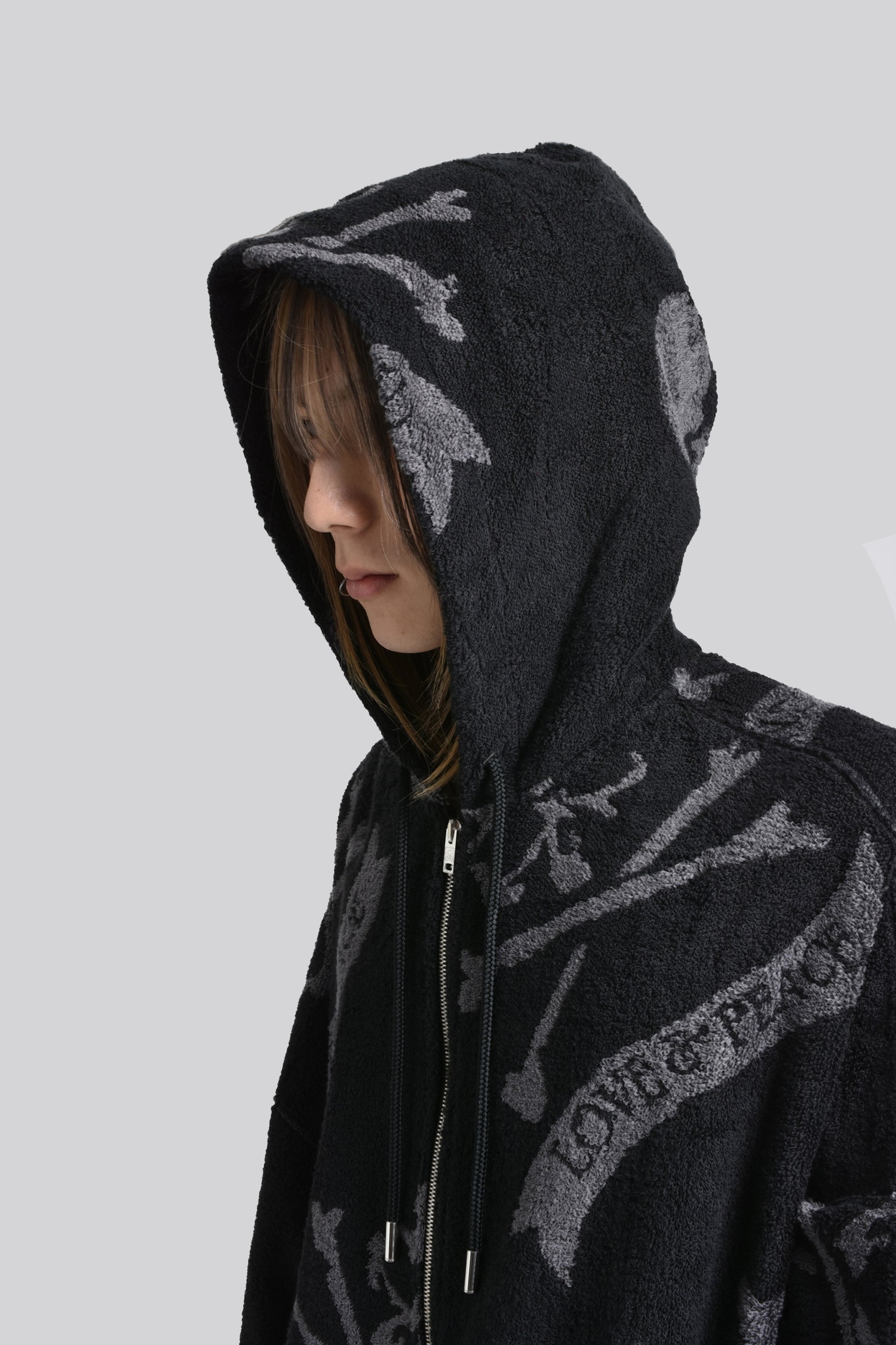 TERRY CLOTH ZIP-UP HOODIE / BLK CHA