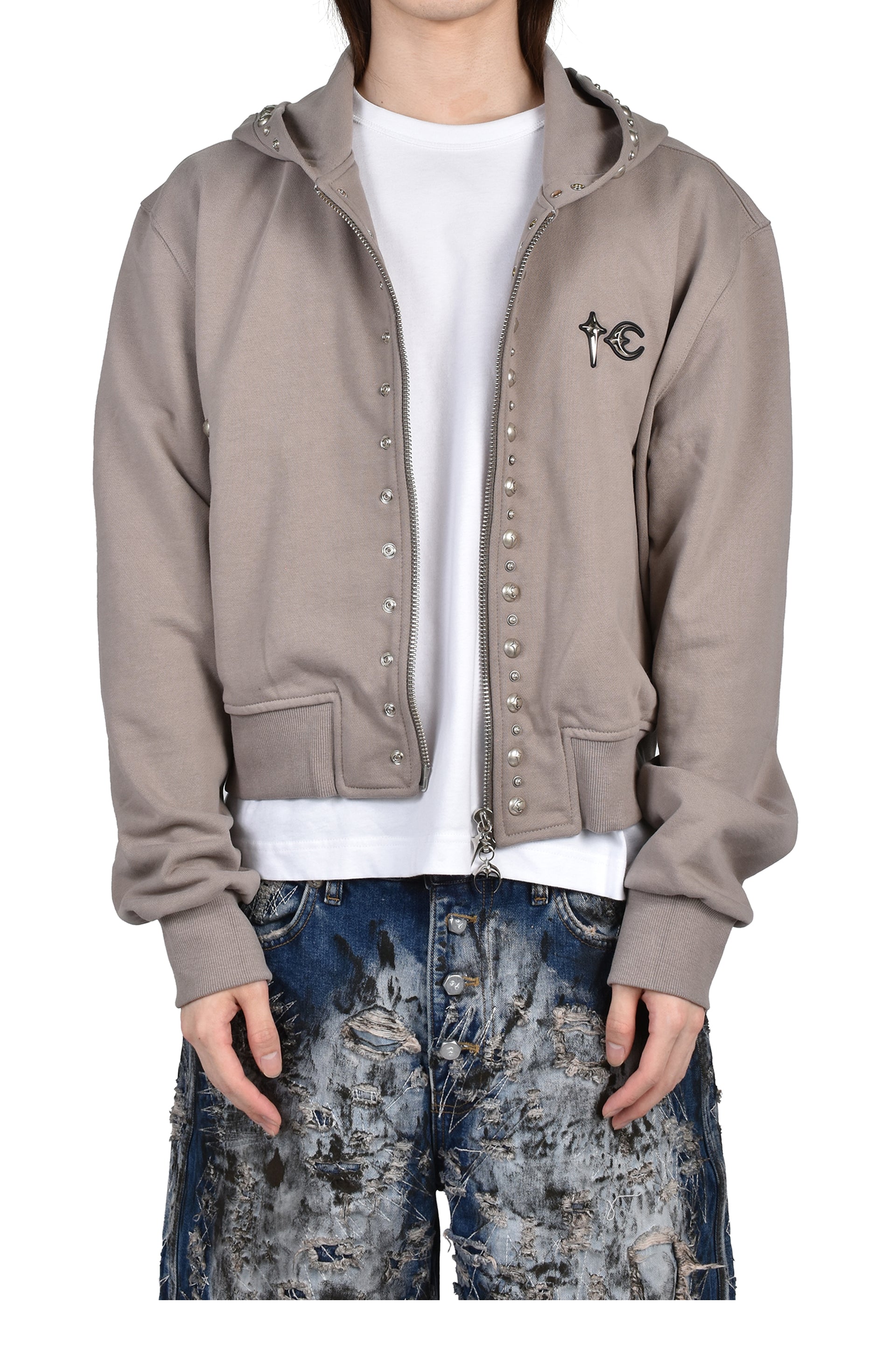 TC STUDDED LINE CROPPED ZIP-UP HOODIE / BEI