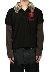 FUR COLLAR LAYERED POLO T SHIRTS / BLK
