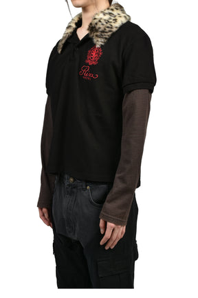 FUR COLLAR LAYERED POLO T SHIRTS / BLK
