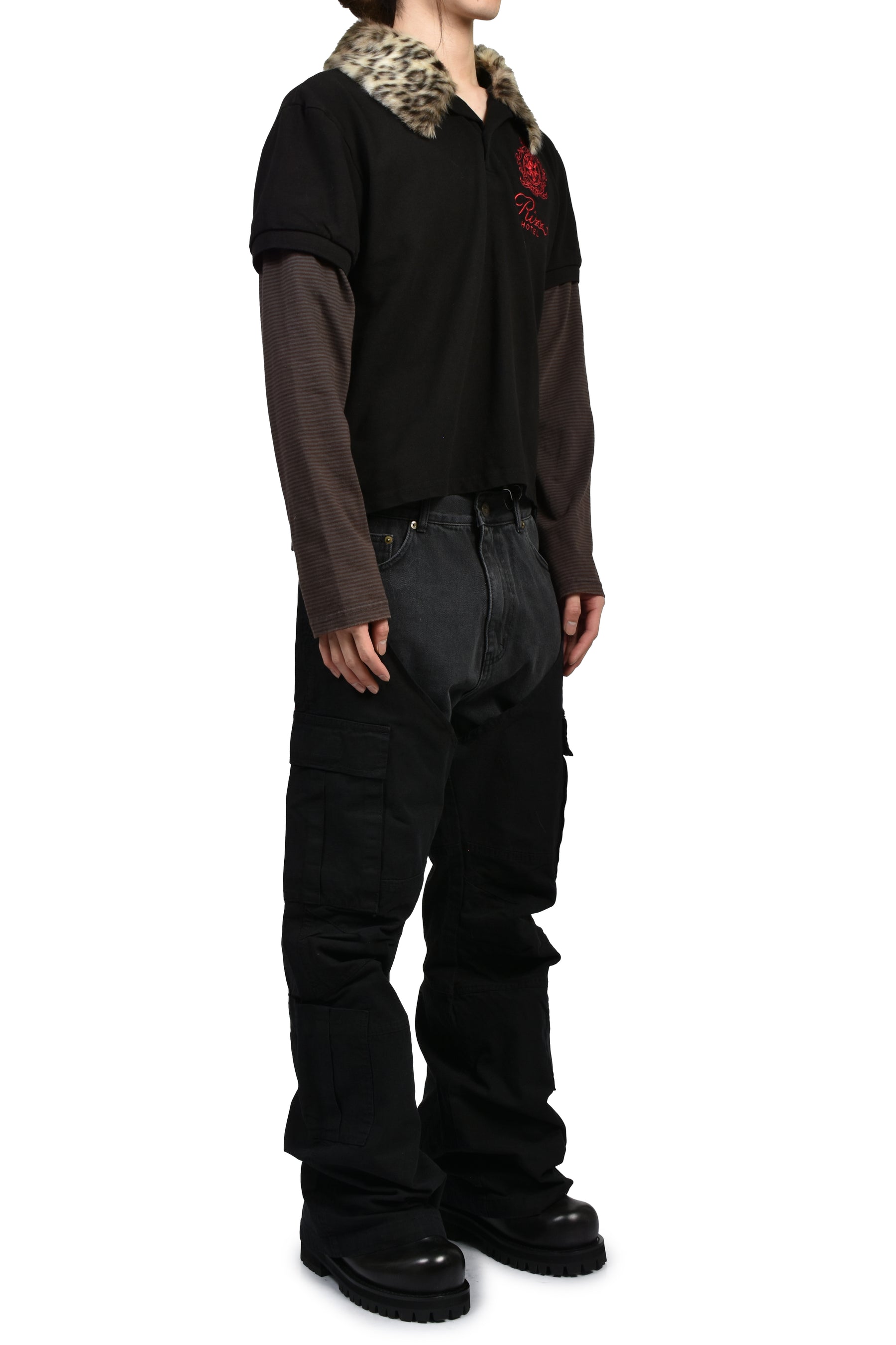 FUR COLLAR LAYERED POLO T SHIRTS / BLK