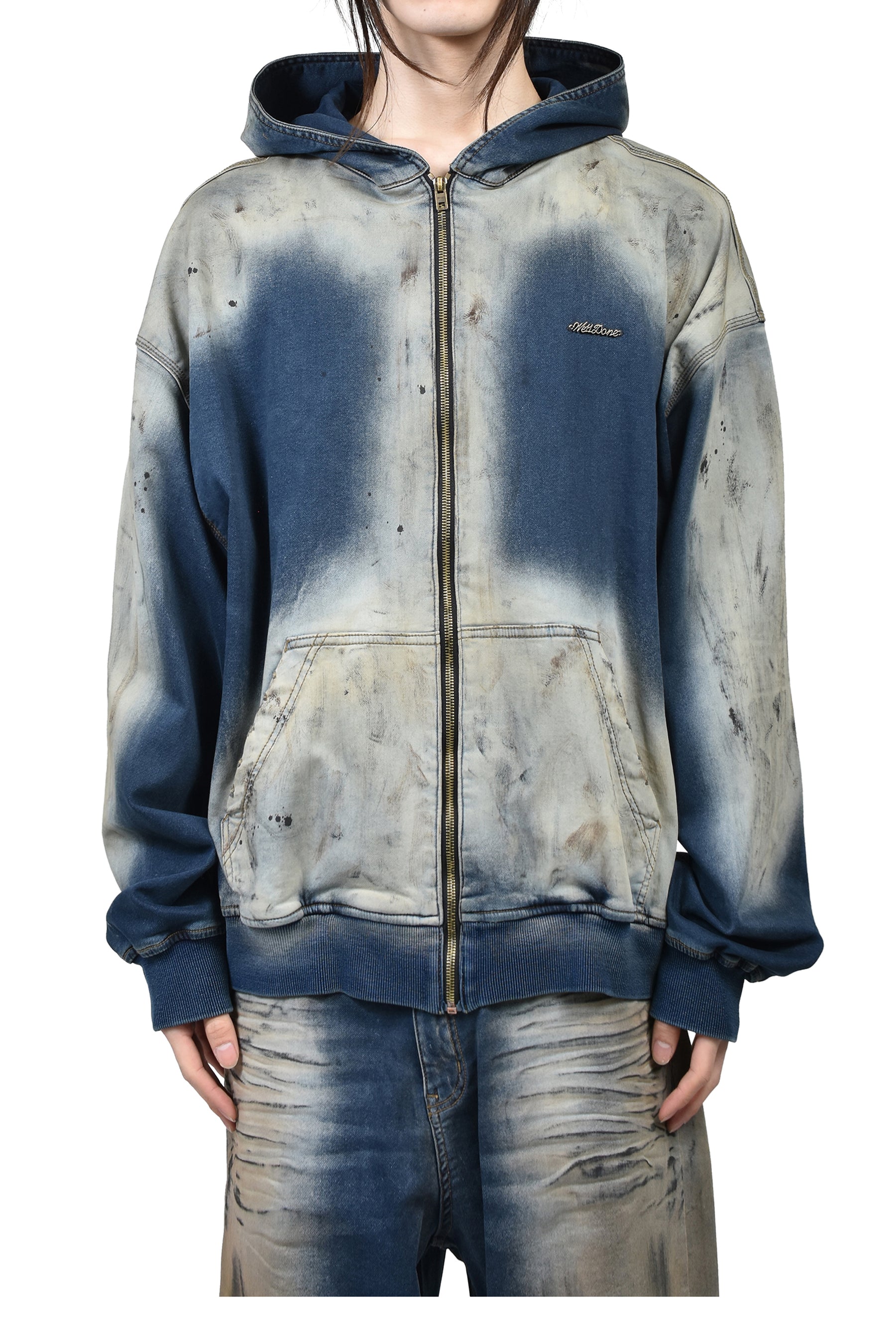 DIRTY-WASHED ZIP-UP HOODIE / NAVY