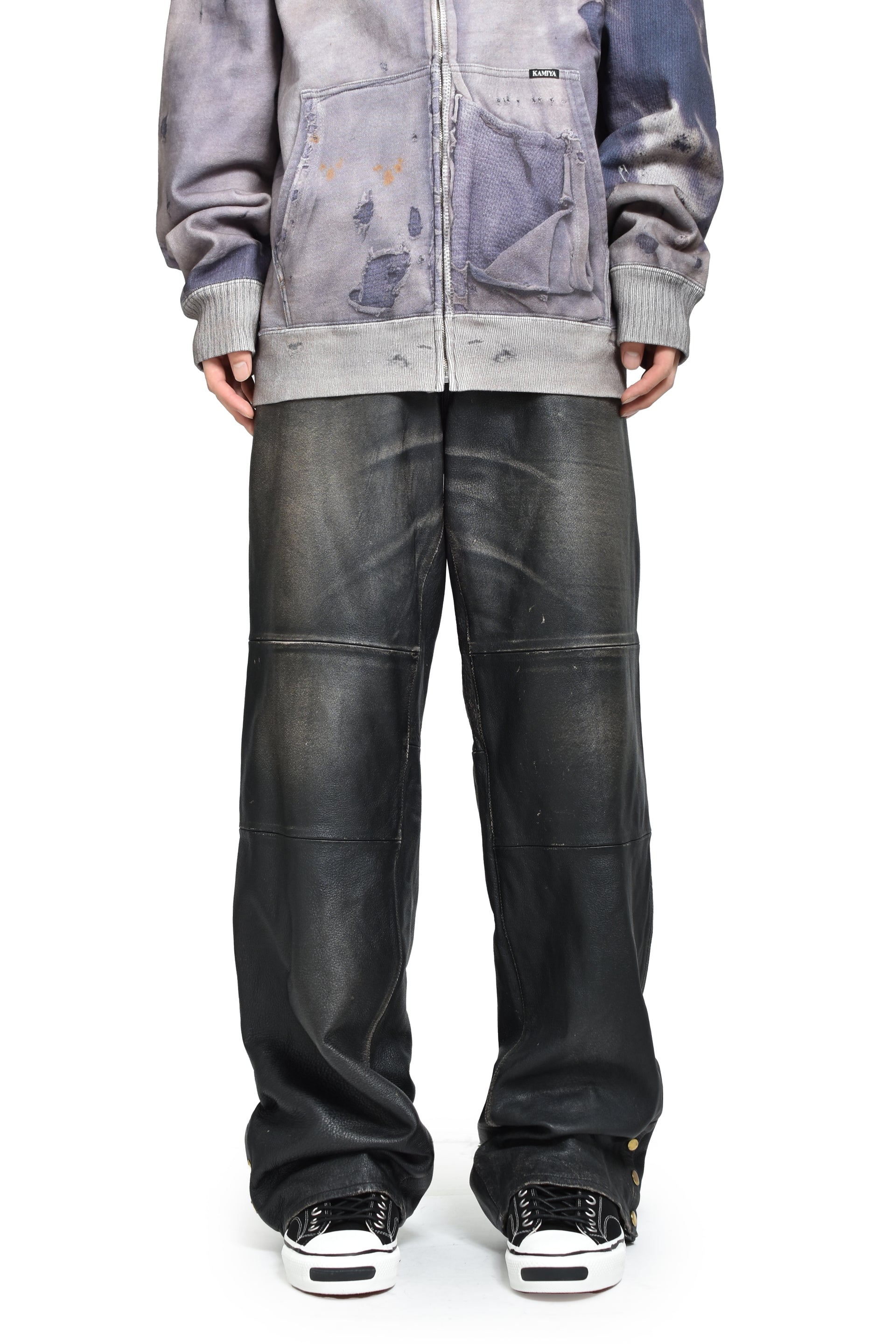 DISTRESSED LEATHER PANTS / BLK