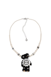 LACE-EDGED WATCH DIAL INLAID GEMSTONE BEAR NECKLACE / BLK 