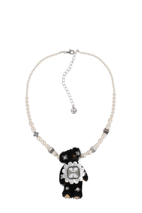 LACE-EDGED WATCH DIAL INLAID GEMSTONE BEAR NECKLACE / BLK 