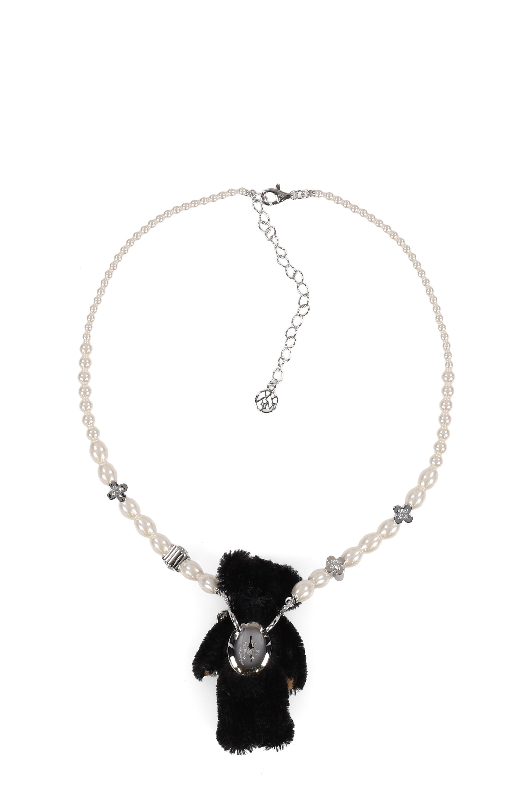 LACE-EDGED WATCH DIAL INLAID GEMSTONE BEAR NECKLACE / BLK 