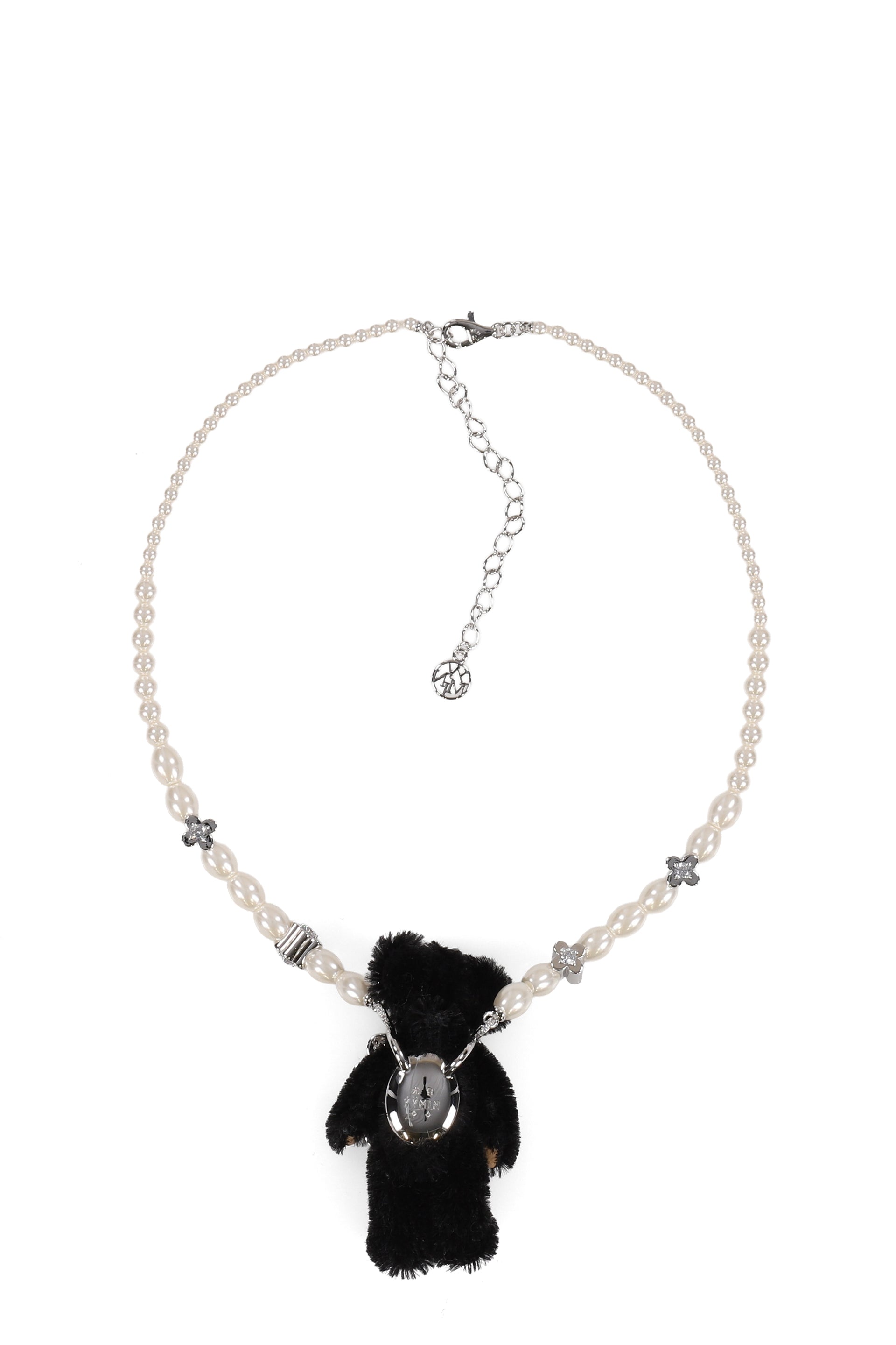 LACE-EDGED WATCH DIAL INLAID GEMSTONE BEAR NECKLACE / BLK