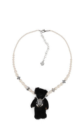 LACE-EDGED WATCH DIAL INLAID GEMSTONE BEAR NECKLACE / BLK 