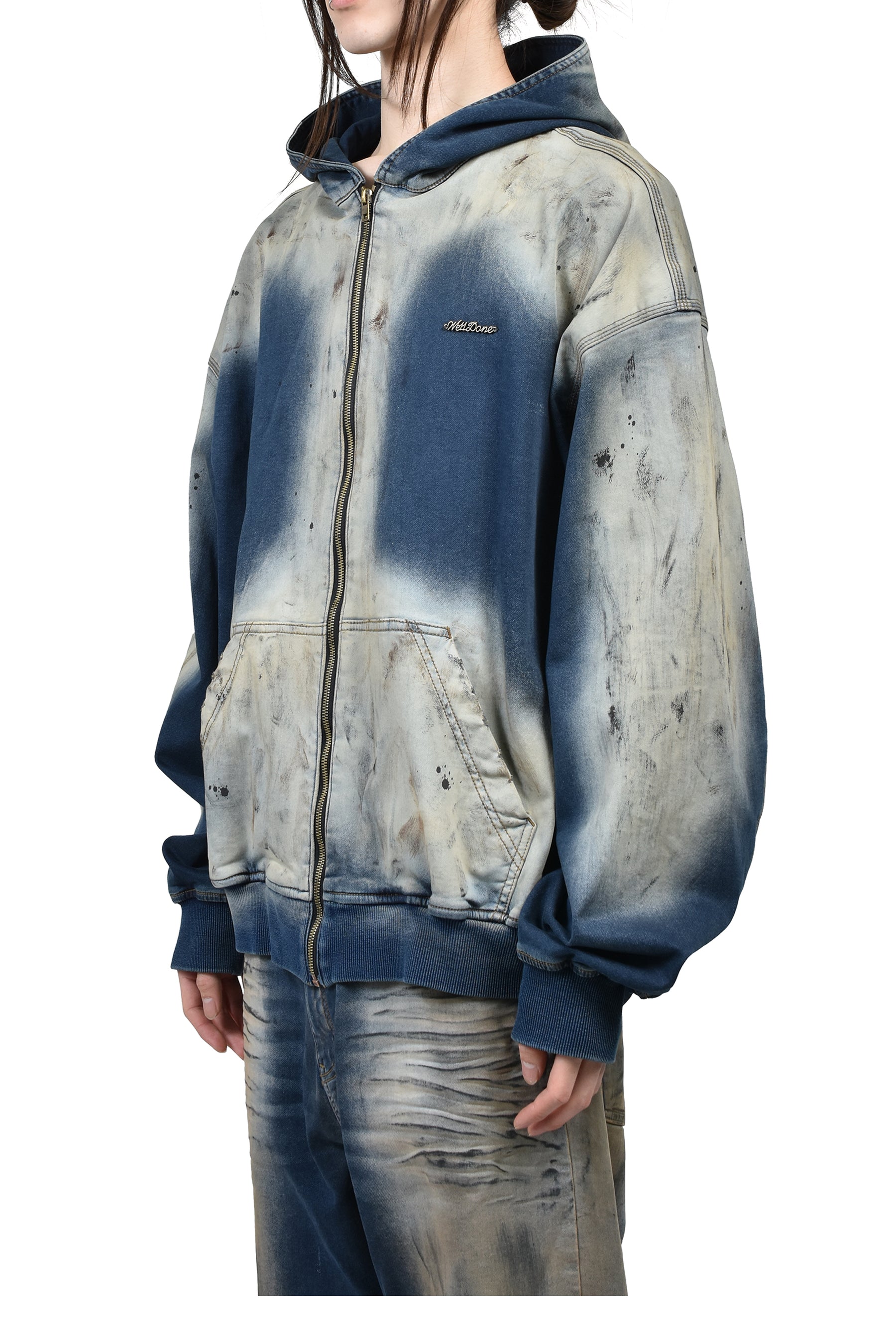 DIRTY-WASHED ZIP-UP HOODIE / NAVY