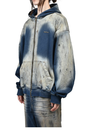 DIRTY-WASHED ZIP-UP HOODIE / NAVY