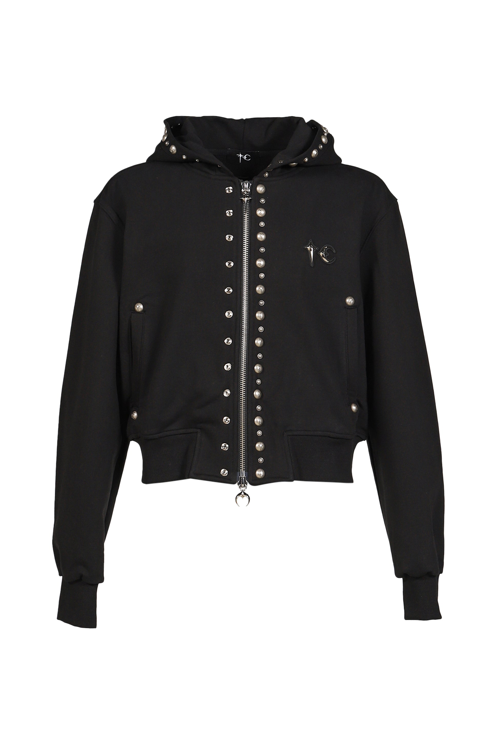 TC STUDDED LINE CROPPED ZIP-UP HOODIE / BLK