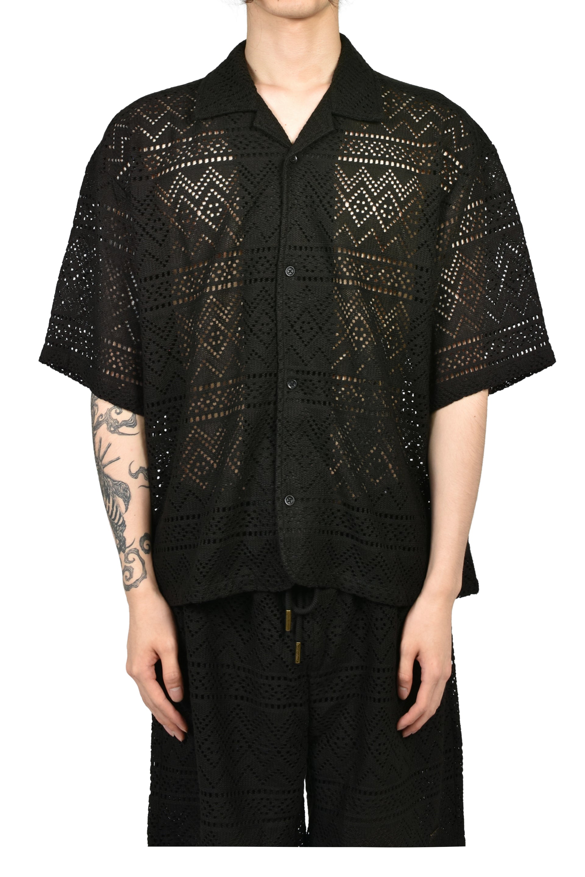 POINTELLE CROCHET CAMP COLLAR / BLK
