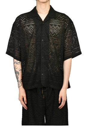 POINTELLE CROCHET CAMP COLLAR / BLK