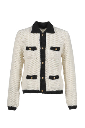CROCHET CONTRAST POCKET CARDIGAN / WHT BLK