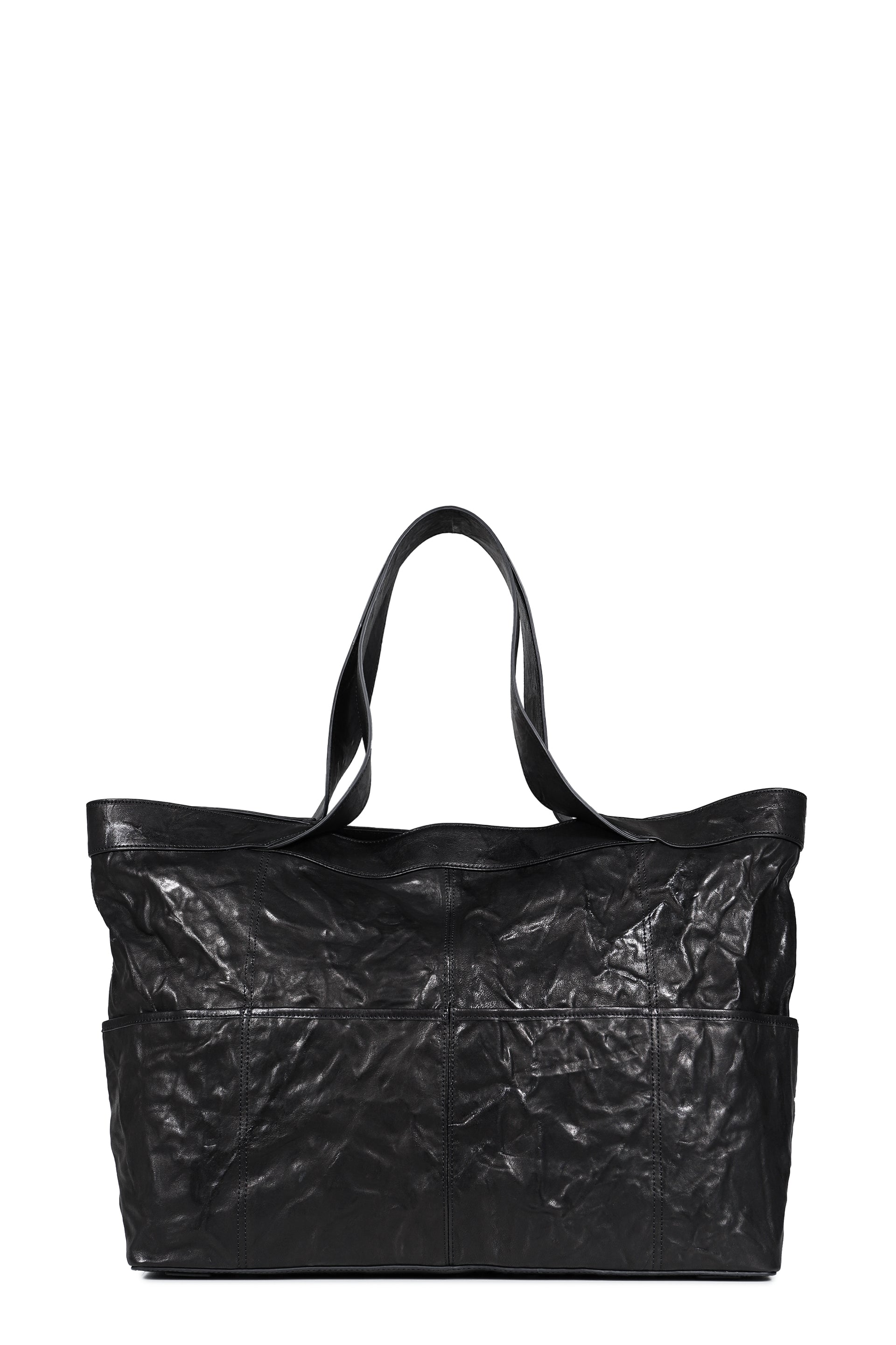 MULTI POCKET CRINKLED LAMBSKIN TOTE BAG / BLK