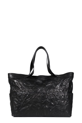 MULTI POCKET CRINKLED LAMBSKIN TOTE BAG / BLK