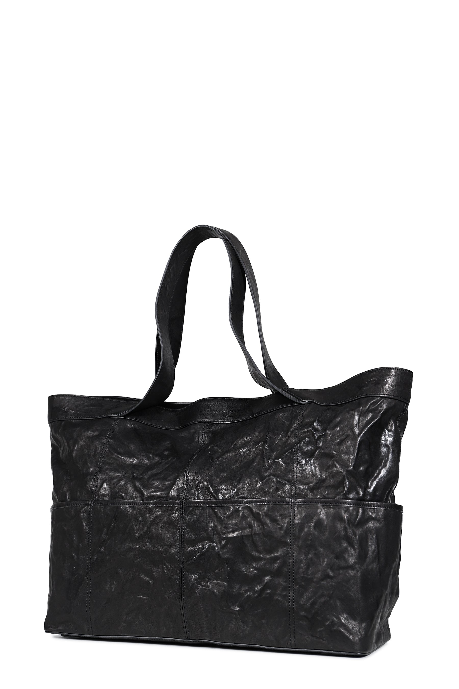 MULTI POCKET CRINKLED LAMBSKIN TOTE BAG / BLK