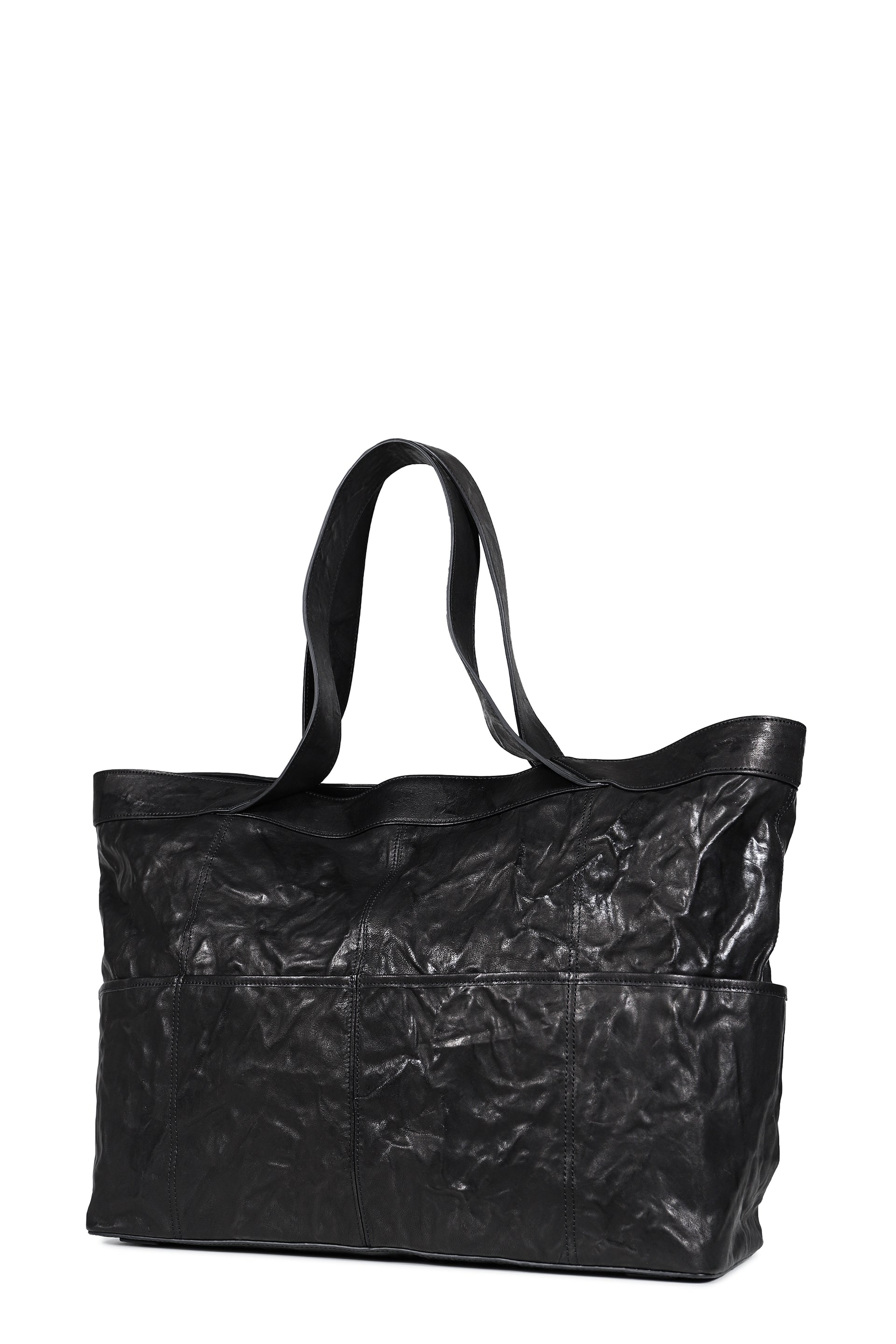 MULTI POCKET CRINKLED LAMBSKIN TOTE BAG / BLK