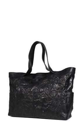 MULTI POCKET CRINKLED LAMBSKIN TOTE BAG / BLK