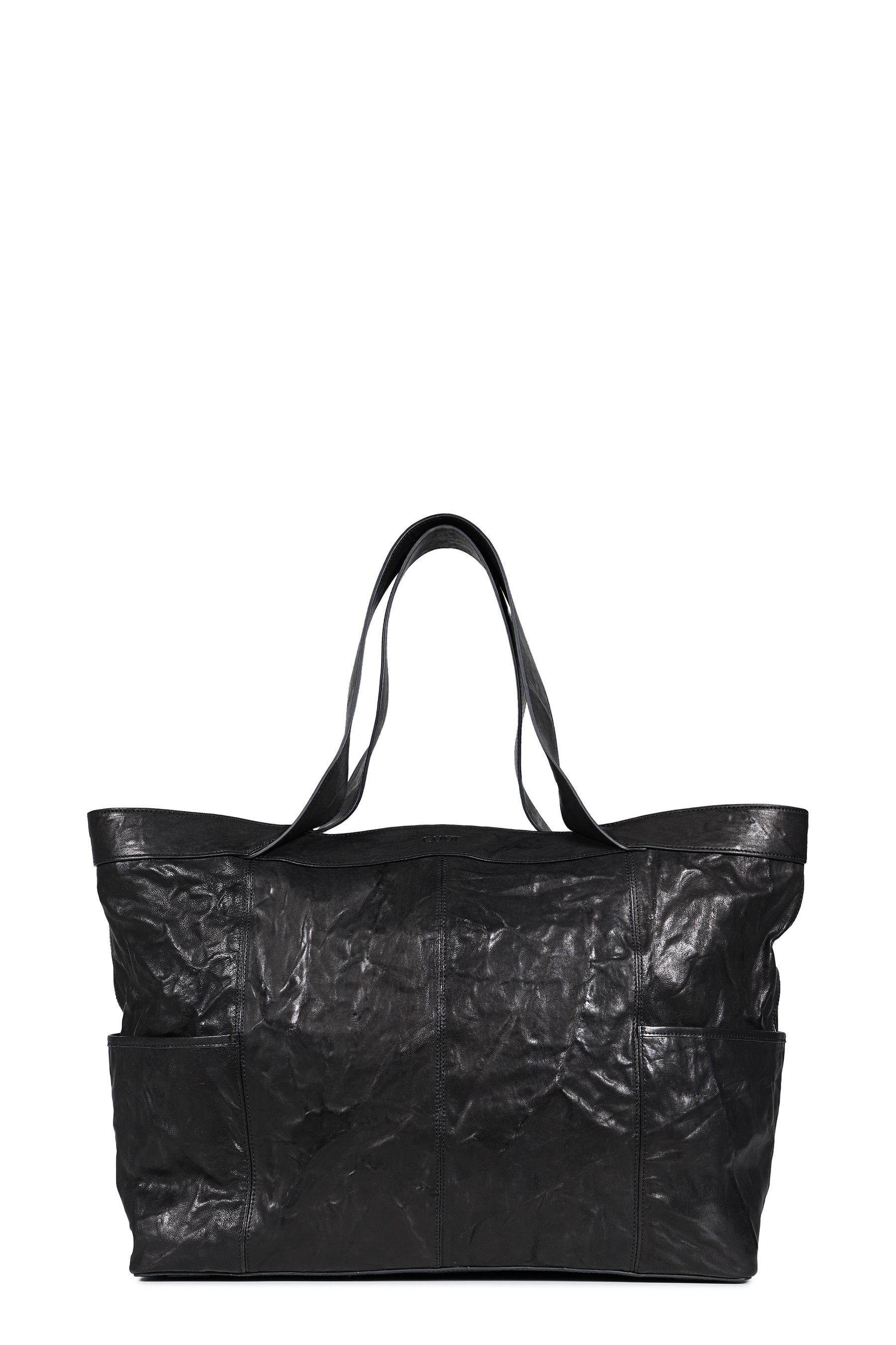 MULTI POCKET CRINKLED LAMBSKIN TOTE BAG / BLK