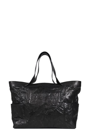 MULTI POCKET CRINKLED LAMBSKIN TOTE BAG / BLK