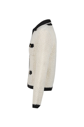 CROCHET CONTRAST POCKET CARDIGAN / WHT BLK