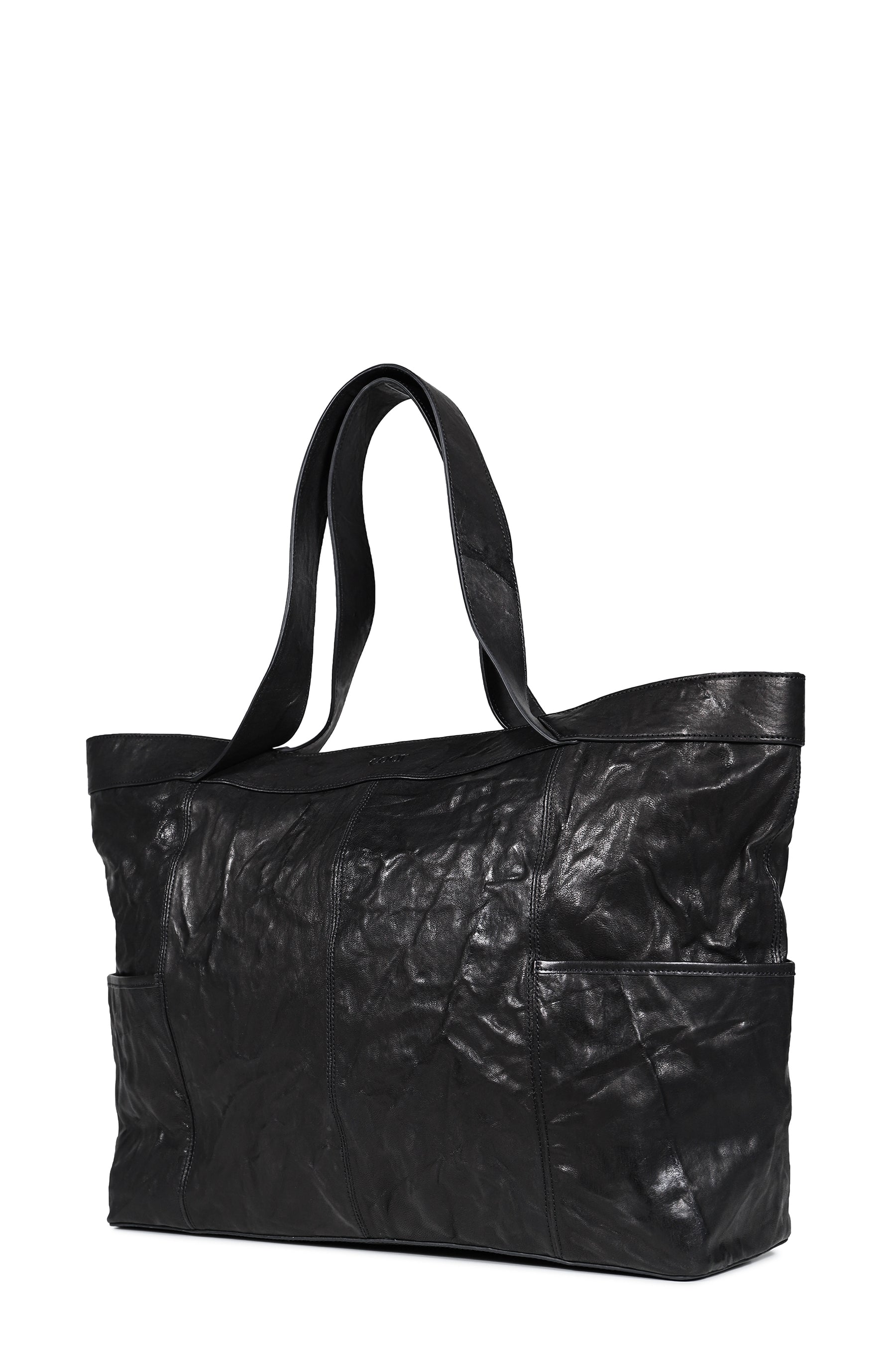 MULTI POCKET CRINKLED LAMBSKIN TOTE BAG / BLK