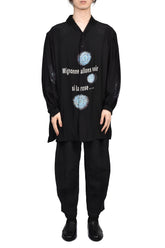 SEA MESSAGE PRINT SILK SHIRT / BLK