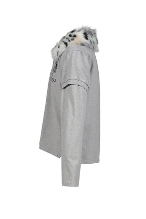 FUR COLLAR LAYERED POLO T SHIRTS / GRY
